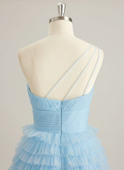 Ball-Gown/Princess One Shoulder Floor-Length Tulle Prom Dresses With Ruffle