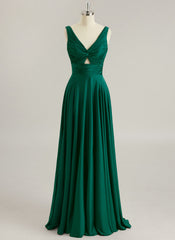 A-line V-Neck Floor-Length Silky Satin Prom Dresses With Pleated