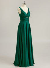 A-line V-Neck Floor-Length Silky Satin Prom Dresses With Pleated