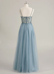 A-line Sweetheart Floor-Length Tulle Prom Dresses With Rhinestone Beading Sequins