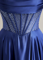 A-line Sweetheart Sweep Train Silky Satin Prom Dresses With Rhinestone