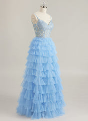 Ball-Gown/Princess V-Neck Floor-Length Tulle Prom Dresses With Appliques Lace Rhinestone