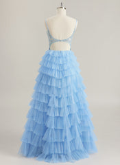 Ball-Gown/Princess V-Neck Floor-Length Tulle Prom Dresses With Appliques Lace Rhinestone
