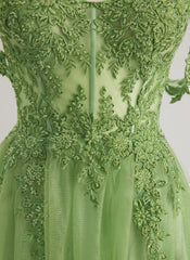 A-line Off the Shoulder Sweep Train Tulle Prom Dresses With Sequins Appliques Lace Beading