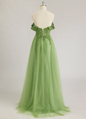 A-line Off the Shoulder Sweep Train Tulle Prom Dresses With Sequins Appliques Lace Beading