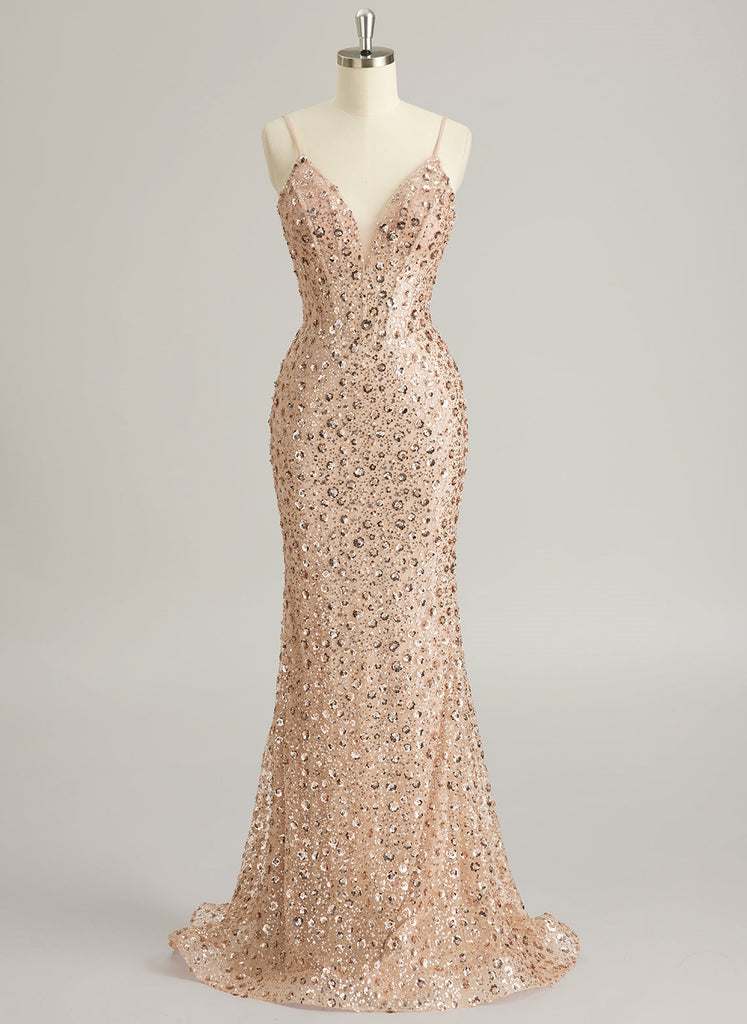 Trumpet/Mermaid V-Neck Sweep Train Sequin Prom Dresses With Sequins   Gownelle