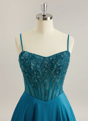 A-line V-Neck Sweep Train Silky Satin Prom Dresses With Sequins Beading