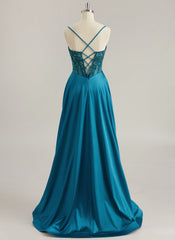 A-line V-Neck Sweep Train Silky Satin Prom Dresses With Sequins Beading