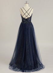 Ball-Gown/Princess V-Neck Sweep Train Tulle Prom Dresses With Rhinestone Beading Sequins