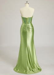 Trumpet/Mermaid Sweetheart Sweep Train Silky Satin Prom Dresses With Bow Rhinestone