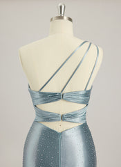 Trompet/Havfrue One Shoulder Sweep Slep Jersey Ballkjoler Med Rhinestone