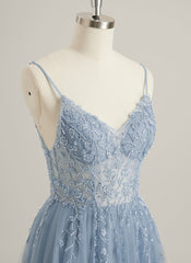 A-line V-Neck Floor-Length Tulle Lace Maxi Dresses With Sequins