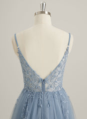 A-line V-Neck Floor-Length Tulle Lace Maxi Dresses With Sequins