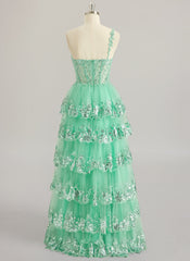A-line One Shoulder Floor-Length Lace Tulle Maxi Dresses With Sequins