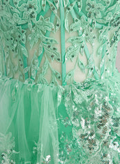 A-line One Shoulder Floor-Length Lace Tulle Maxi Dresses With Sequins