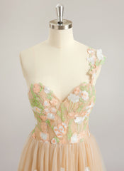 A-line One Shoulder Floor-Length Lace Maxi Dresses With Flower