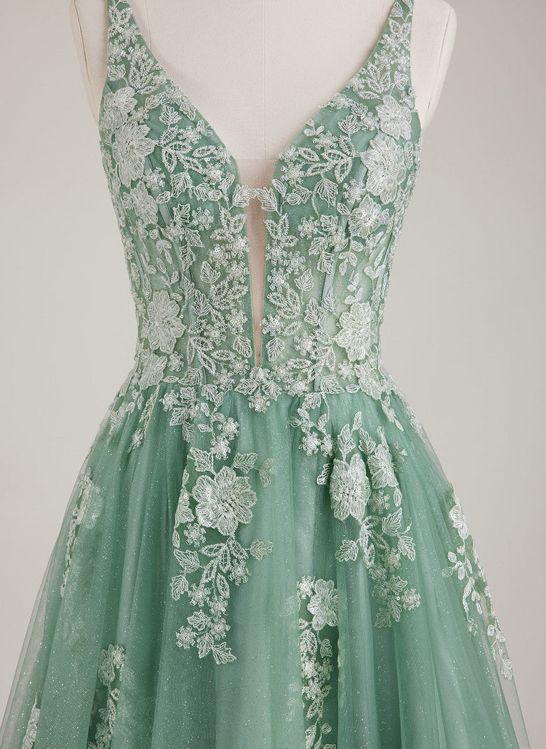 a-line/princess paillette tulle v-neck floor-length sleeveless dresses A-line Princess V Neck Sleeveless Floor-Length Tulle Prom Dress with Appliqued Sequins Glitter - Prom Dresses