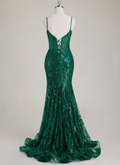 Spaghetti Straps V-Neck Corset Sequins Lace Trumpet/Mermaid Maxi Dress