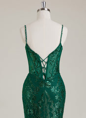 Spaghetti Straps V-Neck Corset Sequins Lace Trumpet/Mermaid Maxi Dress
