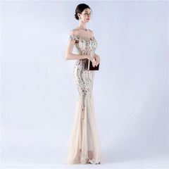 Off The Shoulder Tyll Paljett Havfrue Maxikjoler